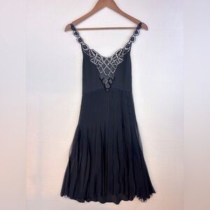 CATHERINE MALANDRINO Black Silk Dress Sexy Short Spaghetti Strap Slip Midi Pleat